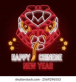 Happy Chinese New Year neon greetings card, flyers, poster in retro style with snake. Vector illustration. For banners, cards, posters with Snake sign 2025 Chinese New Year