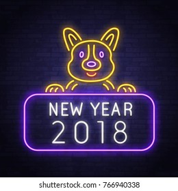 Happy Chinese New year neon sign. New year 2018. Year of the dog. Merry Christmas. Greeting card. Cute dog. banner, logo, logo, and label. Bright sign, banner of light.