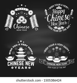 Happy Chinese New Year on the chalkboard. Chinese New Year felicitation classic postcard. Chinese sign year of rat greeting card. Banner for website template