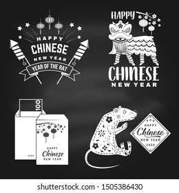 Happy Chinese New Year on the chalkboard. Chinese New Year felicitation classic postcard. Chinese sign year of rat greeting card. Banner for website template