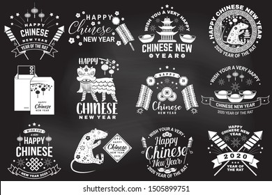 Happy Chinese New Year on the chalkboard. Chinese New Year felicitation classic postcard. Chinese sign year of rat greeting card. Banner for website template