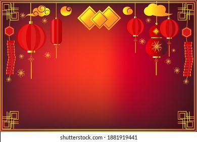 Happy Chinese new year on red background,decorative classic festive for holiday,Traditional lunar year with hanging lanterns traditional style
