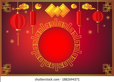 Happy Chinese new year on red background,decorative classic festive for holiday,Traditional lunar year with hanging lanterns traditional style
