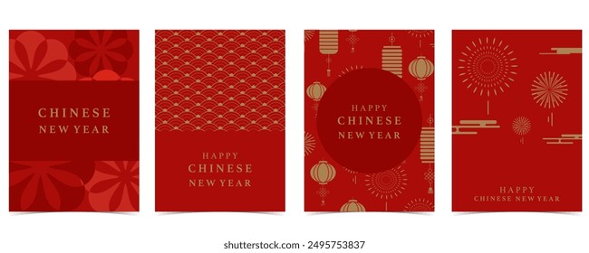 Happy Chinese New Year on red background with firework,lantern.Editable vector illustration for vertical A4 design