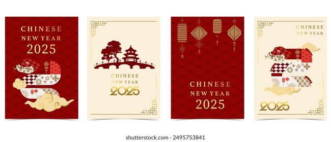 Happy Chinese New Year on red background with snake,lantern.Editable vector illustration for vertical A4 design