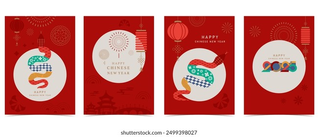 Happy Chinese New Year on red background with snake,lantern.Editable vector illustration for vertical A4 design