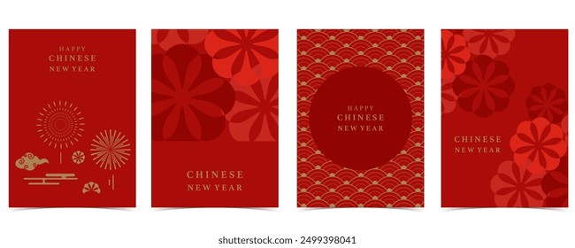 Happy Chinese New Year on red background with firework,lantern.Editable vector illustration for vertical A4 design