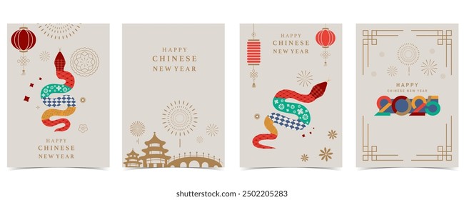 Happy Chinese New Year on red background with snake,lantern.Editable vector illustration for vertical A4 design