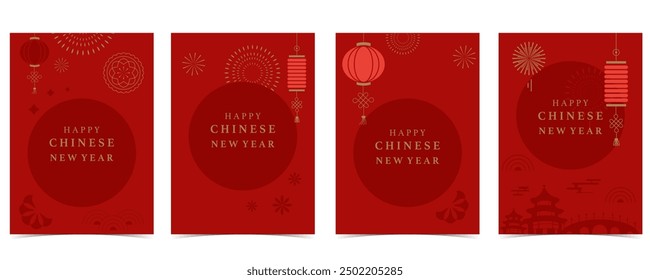 Happy Chinese New Year on red background with firework,lantern.Editable vector illustration for vertical A4 design