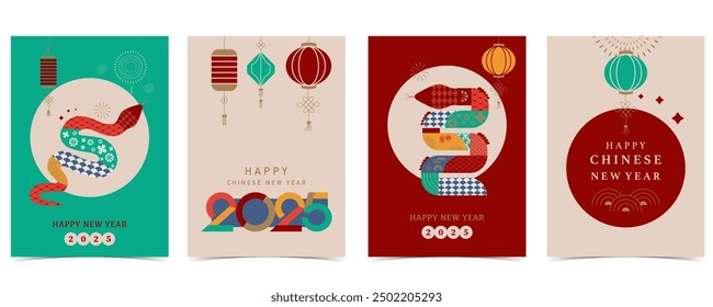 Happy Chinese New Year on red background with snake,lantern.Editable vector illustration for vertical A4 design