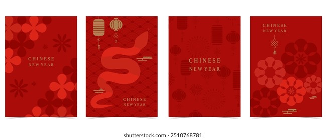 Happy Chinese New Year on red background with flower,lantern.Editable vector illustration for vertical A4 design