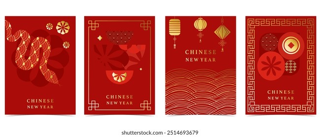 Happy Chinese New Year on red background with flower,lantern.Editable vector illustration for vertical A4 design