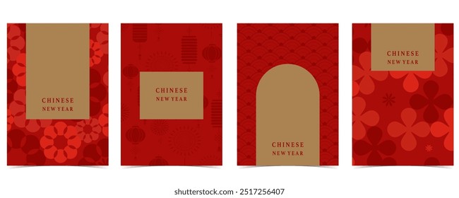 Happy Chinese New Year on red background with flower,lantern.Editable vector illustration for vertical A4 design
