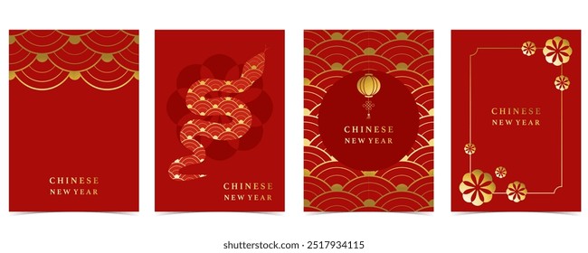 Happy Chinese New Year on red background with flower,lantern.Editable vector illustration for vertical A4 design