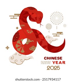 Happy Chinese New Year on red background with snake.Editable vector illustration for square design