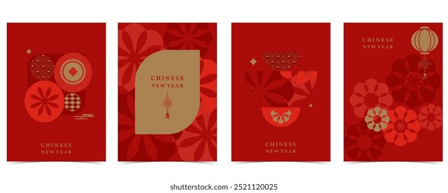 Happy Chinese New Year on red background with flower,lantern.Editable vector illustration for vertical A4 design