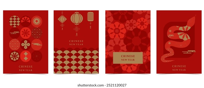 Happy Chinese New Year on red background with flower,lantern.Editable vector illustration for vertical A4 design