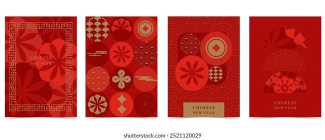 Happy Chinese New Year on red background with flower,lantern.Editable vector illustration for vertical A4 design