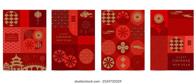 Happy Chinese New Year on red background with flower,lantern.Editable vector illustration for vertical A4 design