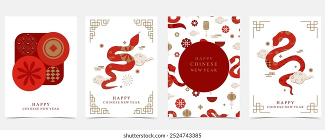 Happy Chinese New Year on red background with snake.Editable vector illustration for vertical A4 design