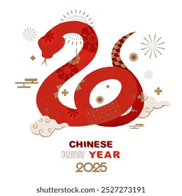 Happy Chinese New Year on red background with snake.Editable vector illustration for square design
