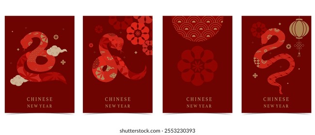 Happy Chinese New Year on red background with snake,lantern.Translate: Happy new year