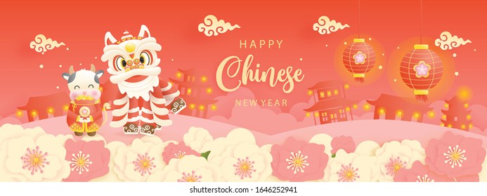 Happy Chinese New Year with year of ox. 2021 for card and banner. Vector illustration
