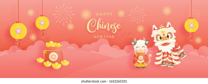 Happy Chinese New Year with year of ox. 2021 for card and banner. Vector illustration