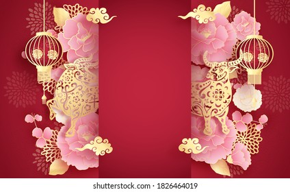 Happy Chinese new year with year of ox 2021 and hanging lantern, Chinese translation: Happy New Year. Paper cut style vector illustration.