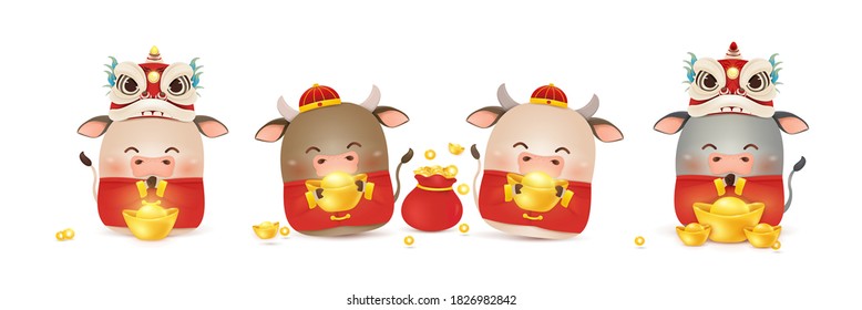 Happy Chinese New year of the Ox. Zodiac symbol of the year 2021. Cute cartoon ox character design greeting for card, flyers, invitation, posters, brochure, banners. Translate: Happy new year.