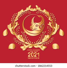 Happy Chinese New Year of the ox 2021 zodiac sign. Luxury gold florals on red background for greetings card, invitation, posters, brochure, calendar, flyers, banners