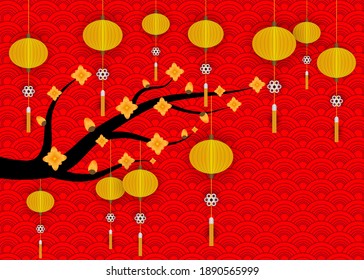 Happy Chinese New Year with paper art flowers on a red background. Card on red background for Happy Chinese New Year. Golden Chinese new year 2021 greeting card in paper cut out and vector design.