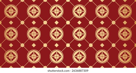 Happy Chinese new year pattern seamless vector. Wallpaper with gold chinese coin pattern on red background. Modern luxury oriental illustration for cover, banner, website, decor.