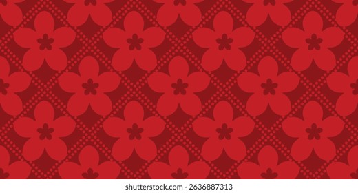 Happy Chinese new year pattern seamless vector. Wallpaper with chinese flower pattern on red background. Modern luxury oriental illustration for cover, banner, website, decor.