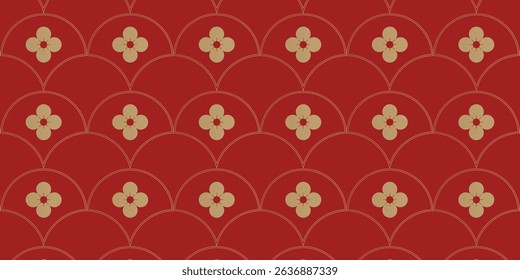 Happy Chinese new year pattern seamless vector. Wallpaper with chinese flower pattern on red background. Modern luxury oriental illustration for cover, banner, website, decor.