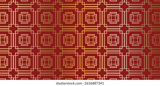 Happy Chinese new year pattern seamless vector. Wallpaper with gold chinese pattern on red background. Modern luxury oriental illustration for cover, banner, website, decor.