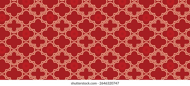 Happy Chinese new year pattern vector. Wallpaper with chinese flower pattern on red background. Modern luxury oriental illustration for cover, banner, website, decor, packaging.