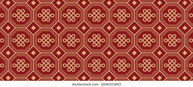 Vetor de padrão de ano novo chinês feliz. Papel de parede com padrão de fetiche chinês no fundo vermelho. Ilustração oriental de luxo moderno para capa, banner, site, decoração, embalagem.