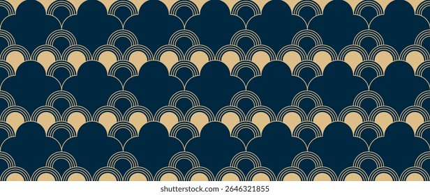 Happy Chinese new year pattern vector. Wallpaper with chinese wave pattern on navy blue background. Modern luxury oriental illustration for cover, banner, website, decor, packaging.