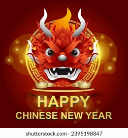 Happy Chinese New Year with a picture of a dragon's head on stage