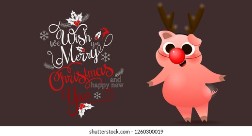 Happy Chinese New Year of pig poster. Cartoon cute piggy in mask with deer horns antlers vector illustration. Symbol of the year 2019. Merry Christmas Xmas concept