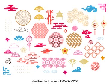 Happy chinese new year, year of the pig.Template banner, poster in oriental style. Japanese, chinese elements. Cloud, wave, moon, bamboo tree, sakura, and mountain. Vector illustration.
