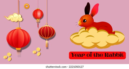 happy Chinese new year, pink background with bunny on golden clouds. Vector