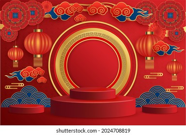 Happy Chinese new year, Podium round stage podium and Asian elements with craft paper cut style. Chinese Festivals, Mid Autumn Festival. Zodiac year sign on red color background. ​Vector EPS10