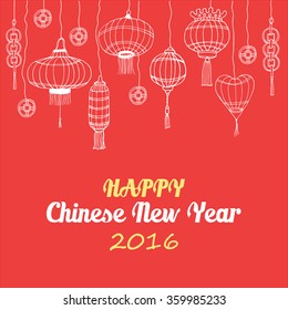 Happy Chinese New Year postcard with golden and white text decorated with hand drawn Chinese paper sky lantern and coins for luck, year 2016 design. vector illustration