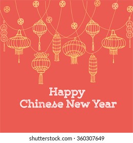 Happy Chinese New Year postcard with golden and white text decorated with hand drawn Chinese paper sky lantern and coins for luck, year 2016 design. vector illustration. Gold on the red background.