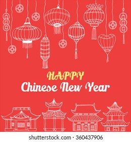 Happy Chinese New Year postcard with golden and white text decorated with hand drawn Chinese paper sky lantern and coins for luck and chinese pagoda houses, year 2016 design. vector illustration.