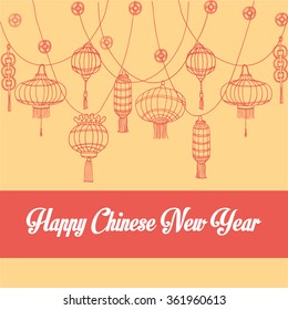 Happy Chinese New Year postcard with white text decorated with red hand drawn Chinese paper sky lantern and coins for luck, year 2016 design. vector illustration. Red on gold background.