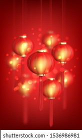 Happy Chinese New Year poster. Vector illustration with holiday realistic lanterns with blur effect on red background.