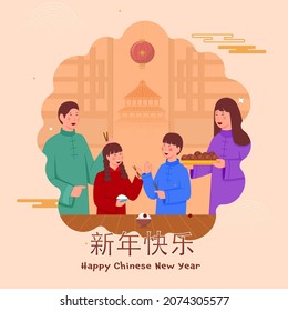 Happy Chinese New Year Poster Design With Happiness Chinese Family Enjoying Delicious Foods On Orange And Pink Heaven Temple Background.